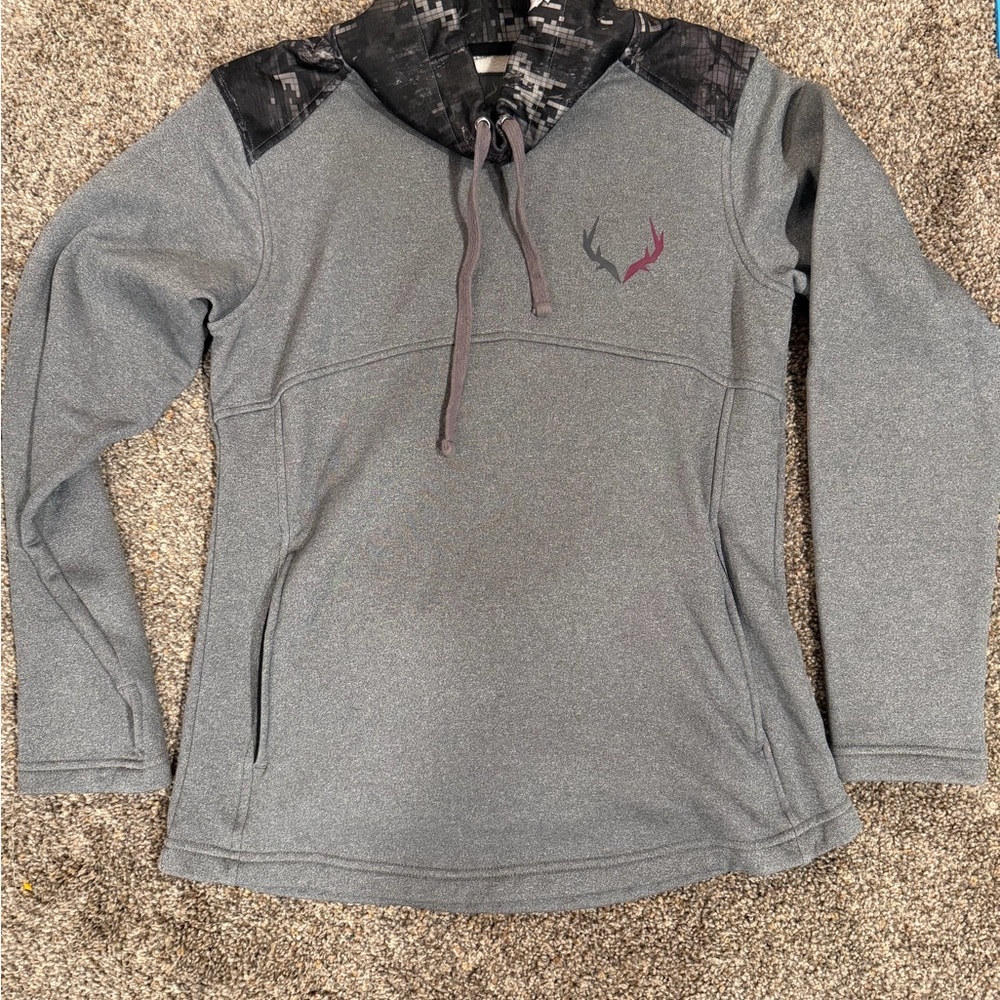 Women’s Gray Hooded Pullover with Contrast Camouflage Yoke